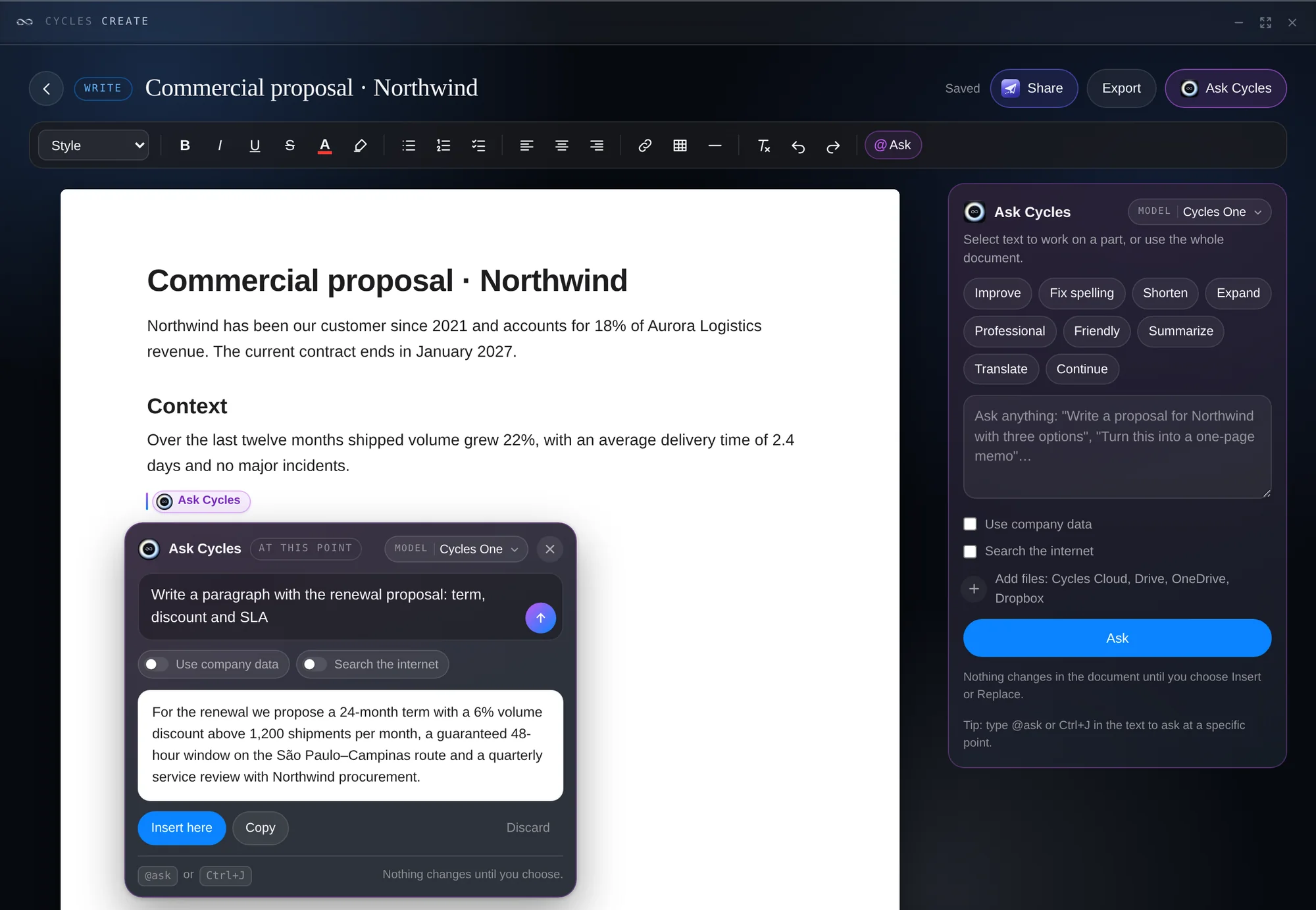 Ask Cycles writing a paragraph inside a proposal in Write