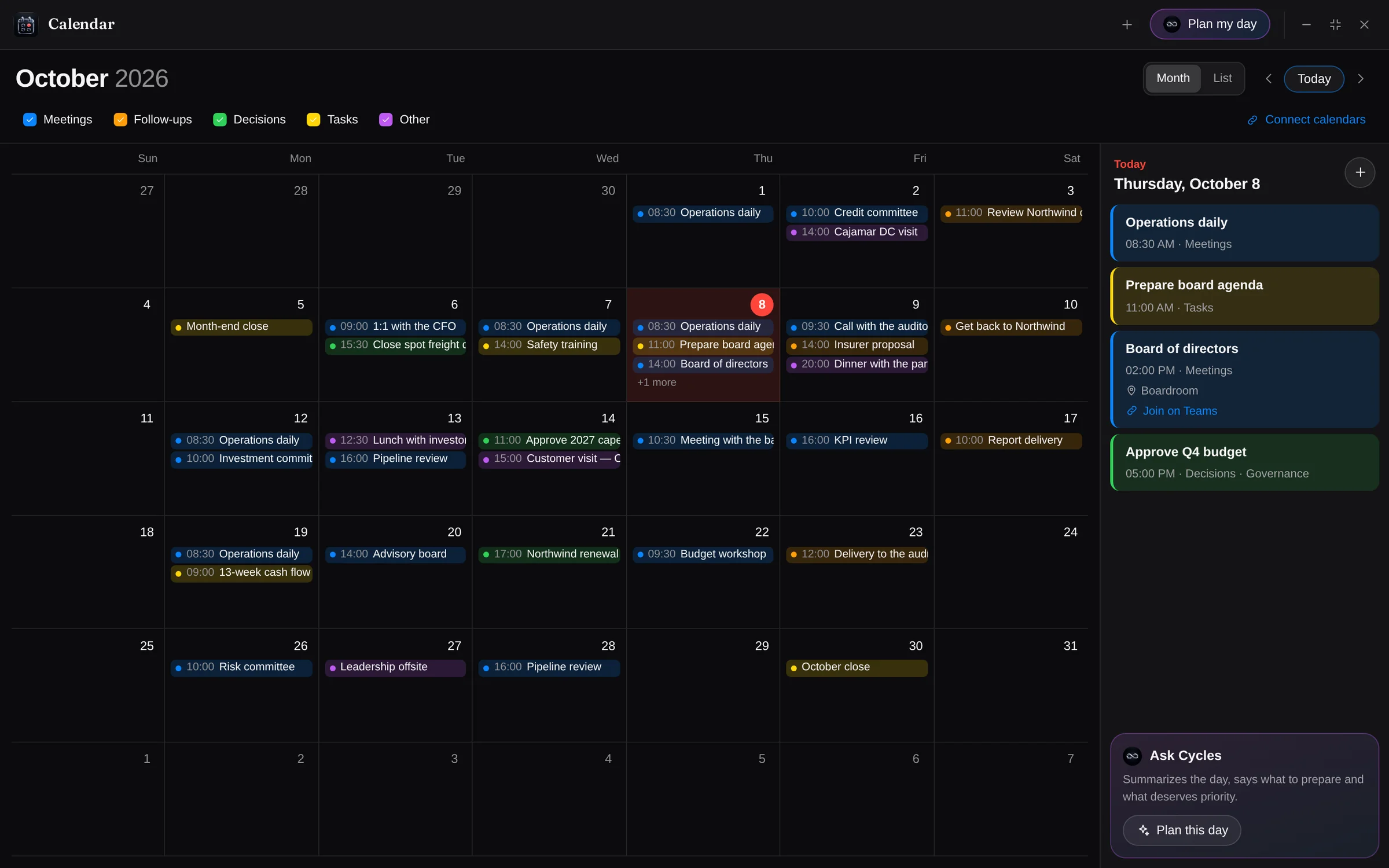 Cycles Calendar: a full month, with the board meeting on Teams
