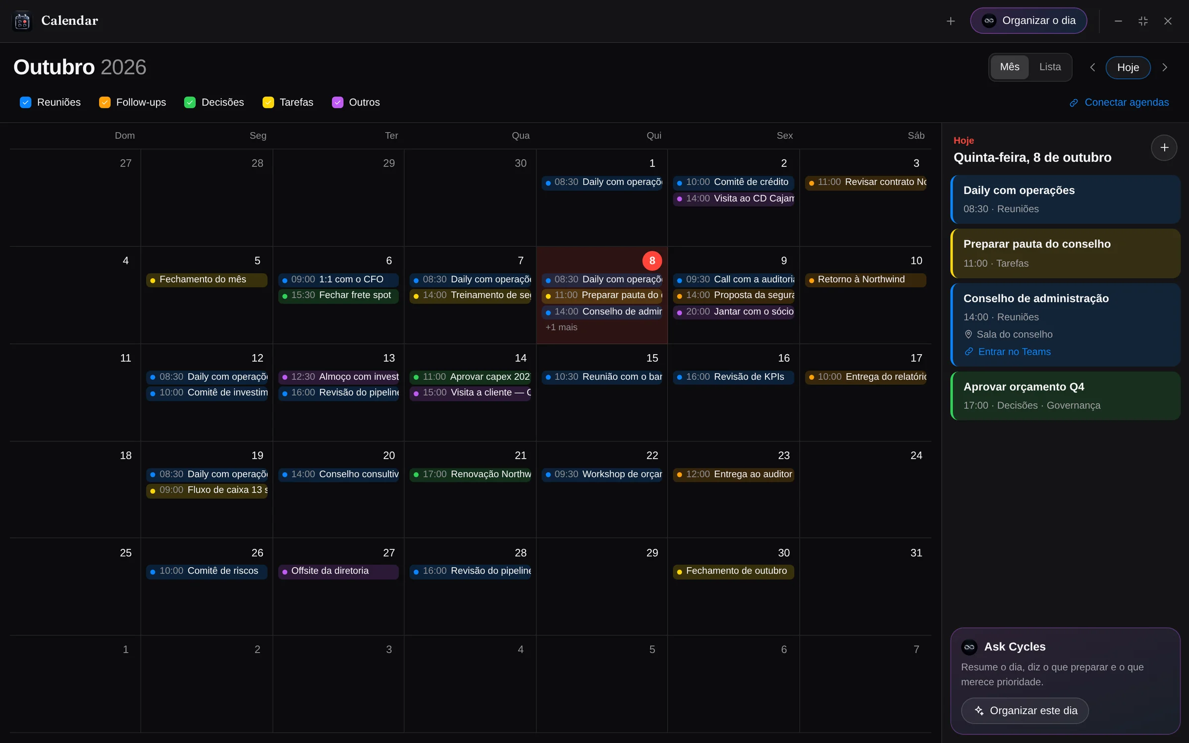 Cycles Calendar: um mês cheio de compromissos, com a reunião do conselho no Teams