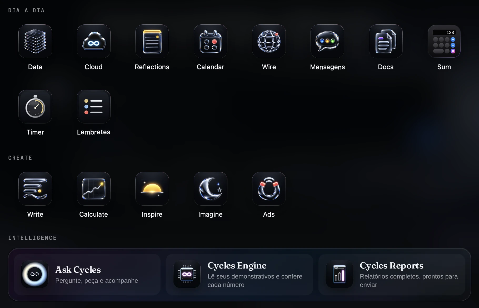 Os apps do Cycles Space: dia a dia, Create e Intelligence