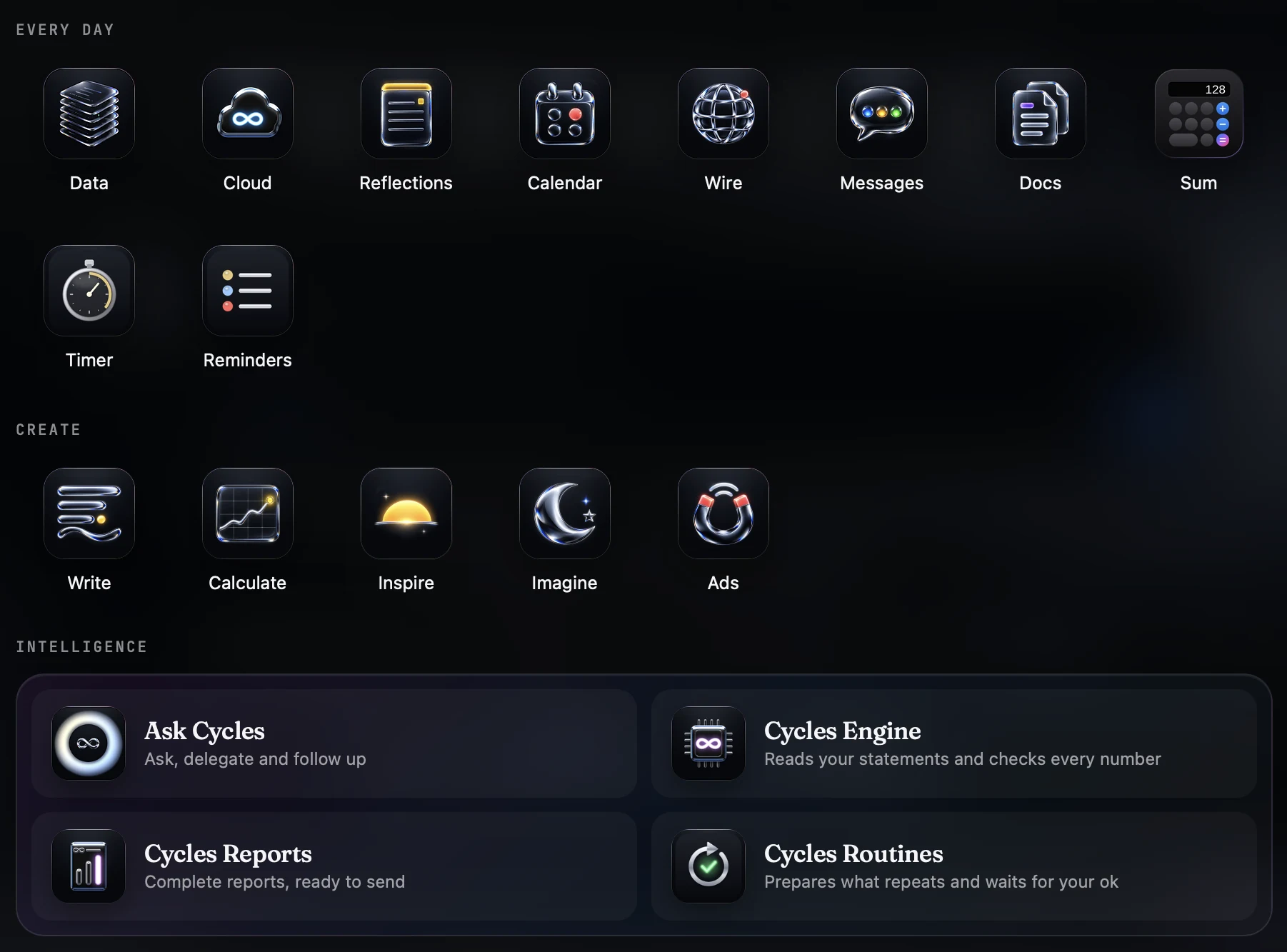 The Cycles Space apps: every day, Create and Intelligence