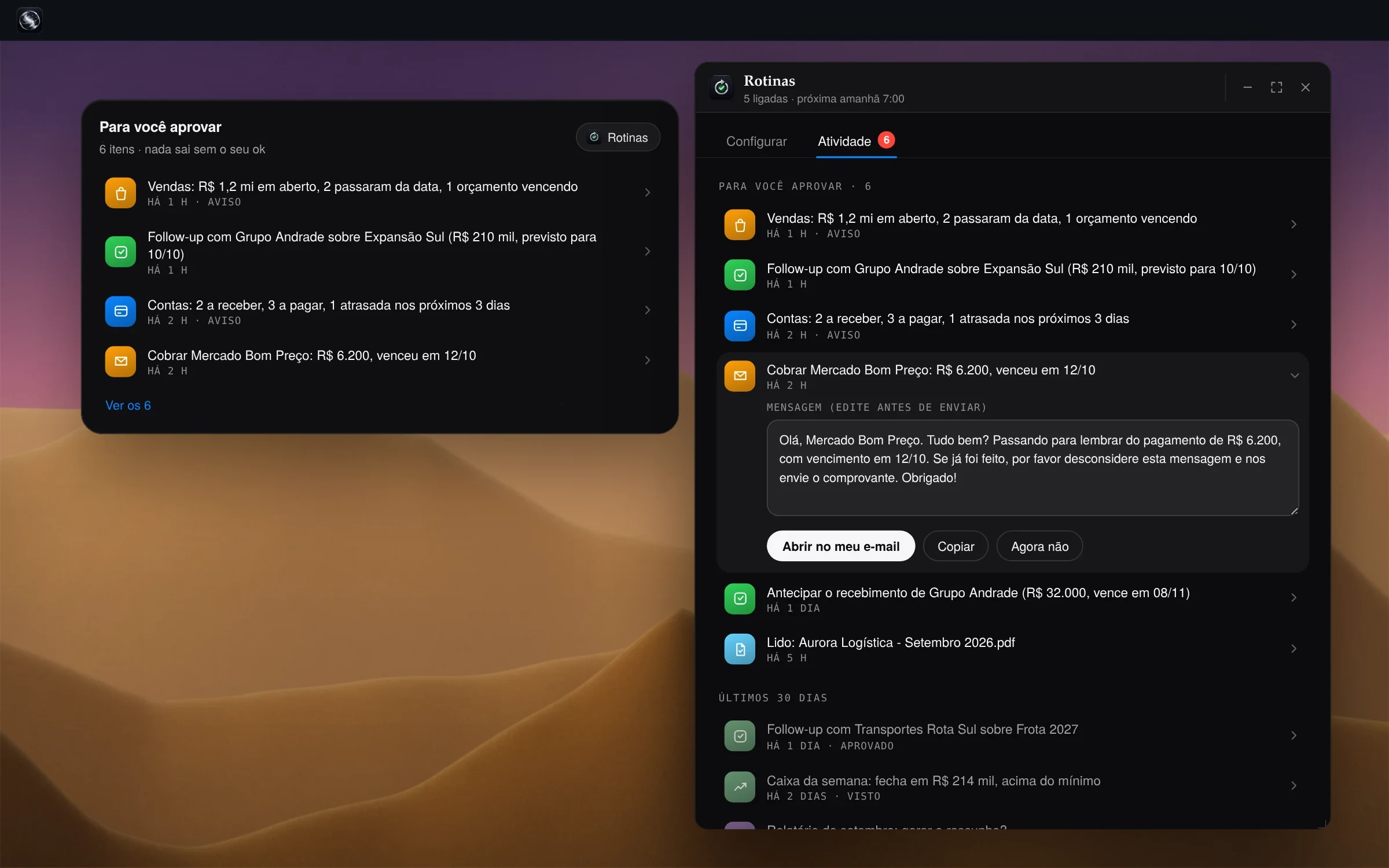 Cycles Routines: a Atividade com a cobrança já escrita para revisar e enviar, ao lado de Para você aprovar, na Início