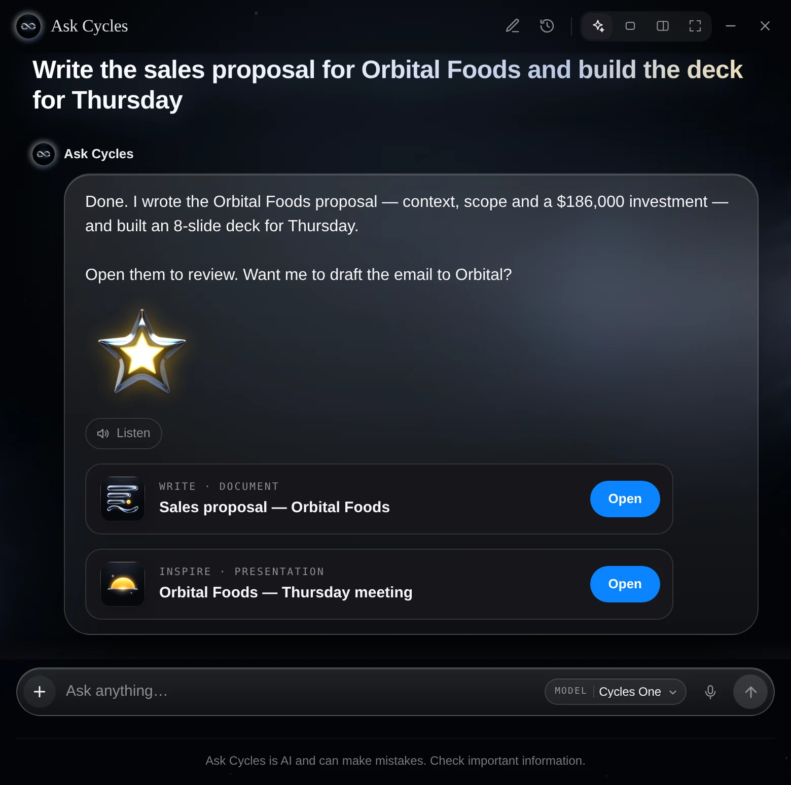 Ask Cycles in glass: the request for the proposal and the deck, the answer with the star sticker and both files ready to open in Write and Inspire
