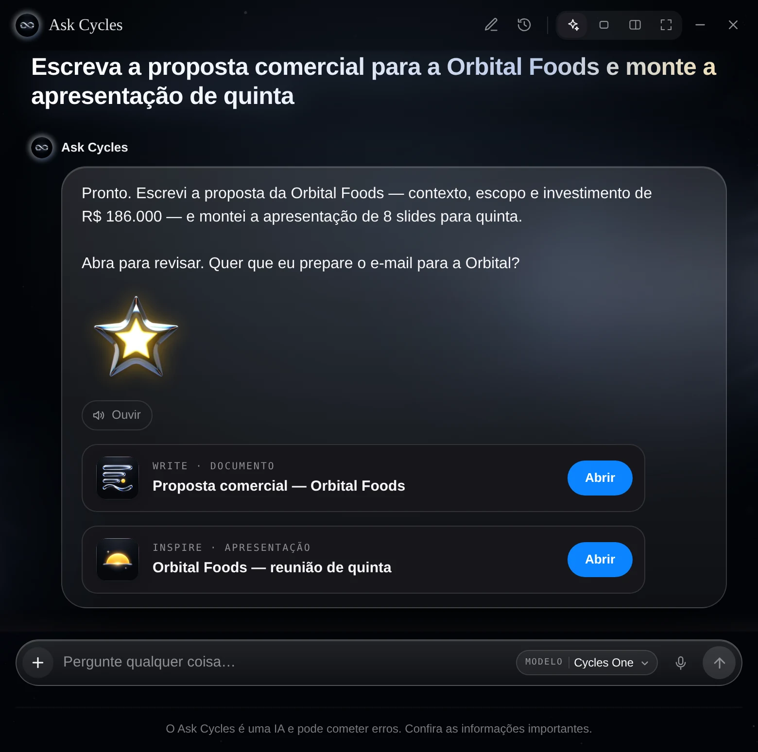 Ask Cycles em vidro: o pedido da proposta e da apresentação, a resposta com o sticker de estrela e os dois arquivos prontos para abrir no Write e no Inspire