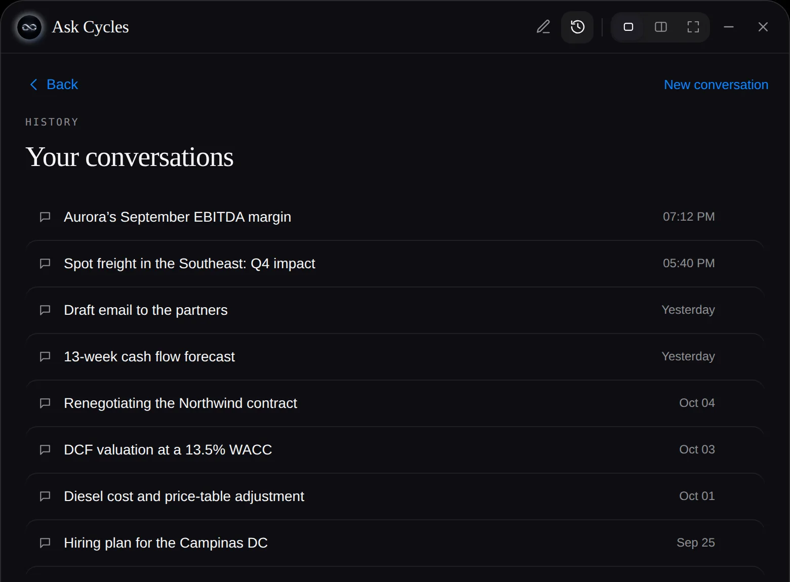 The Ask Cycles conversation History