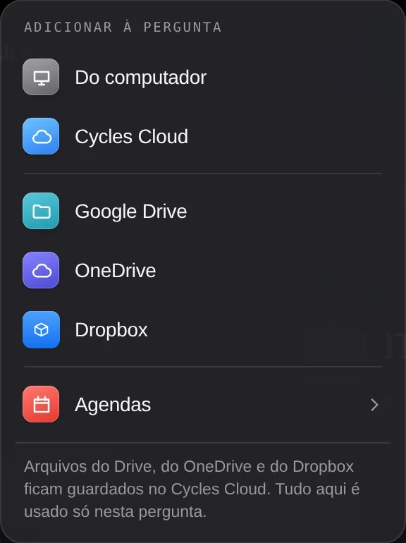 O menu + do Ask Cycles: computador, Cycles Cloud, Google Drive, OneDrive, Dropbox e agendas