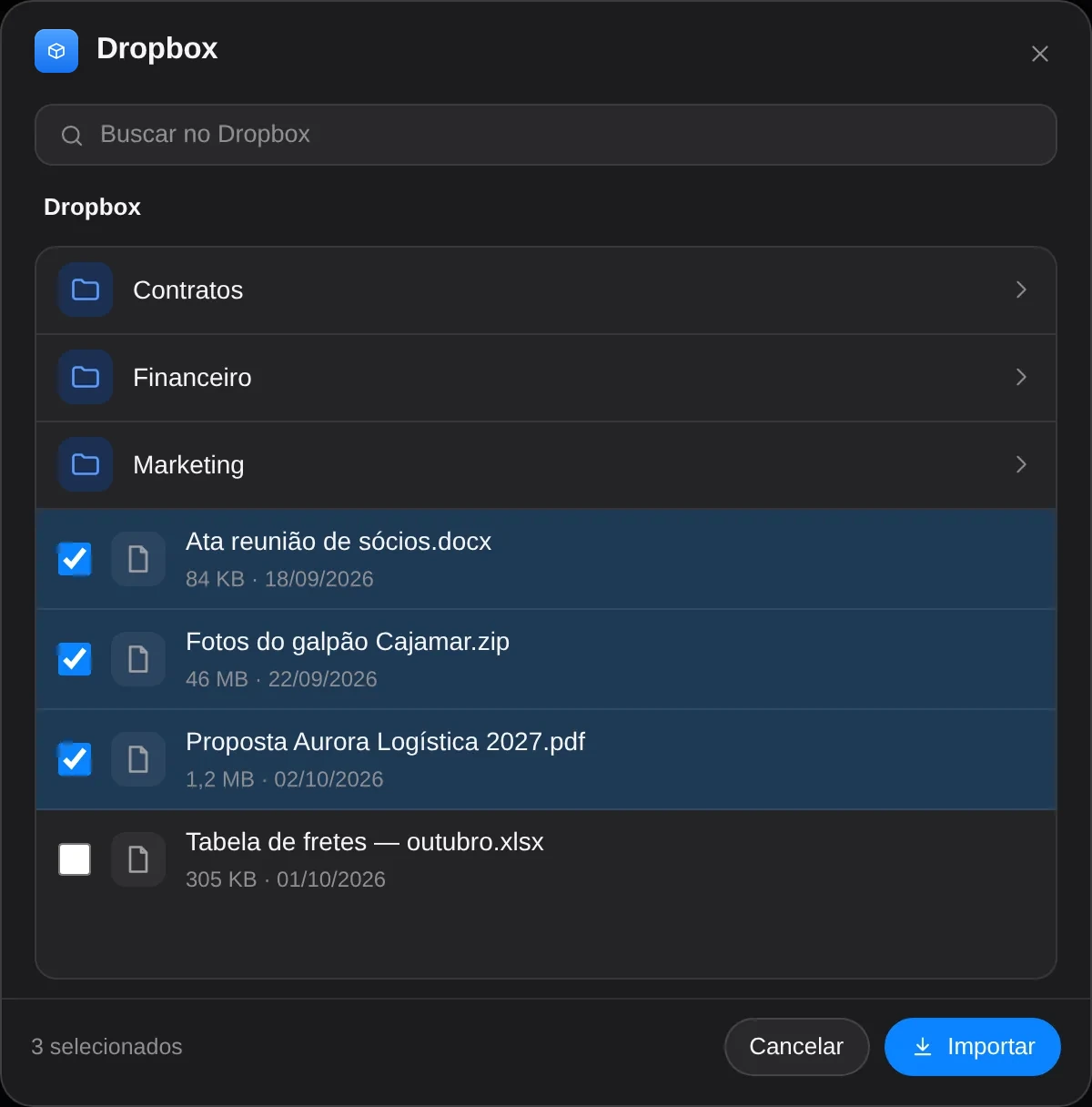 Escolhendo arquivos do Dropbox para usar no Cycles Space