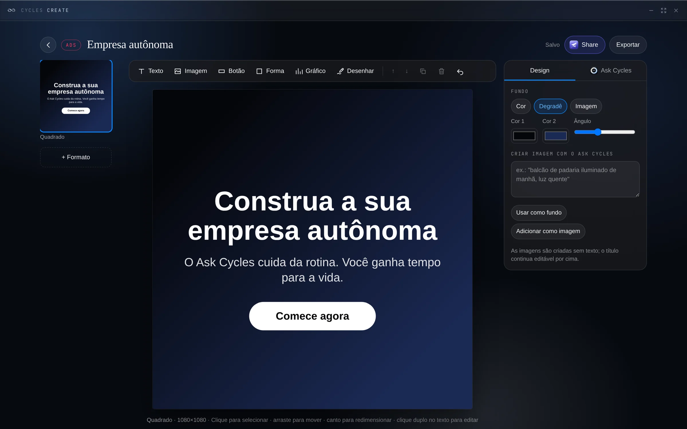 Para anúncios e posts em todos os formatos. O Ask Cycles escreve o anúncio e cria a imagem, prontos para editar e publicar.