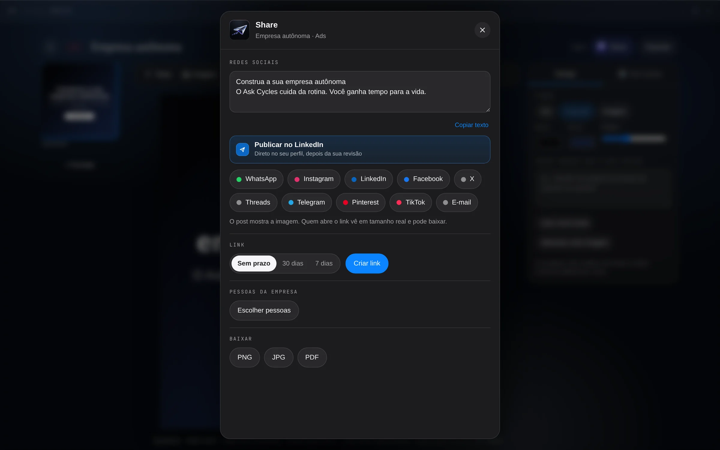 Uma nova forma de colaborar. Compartilhe o que você cria na hora: com a equipe, por link ou direto nas redes sociais, já com a prévia.