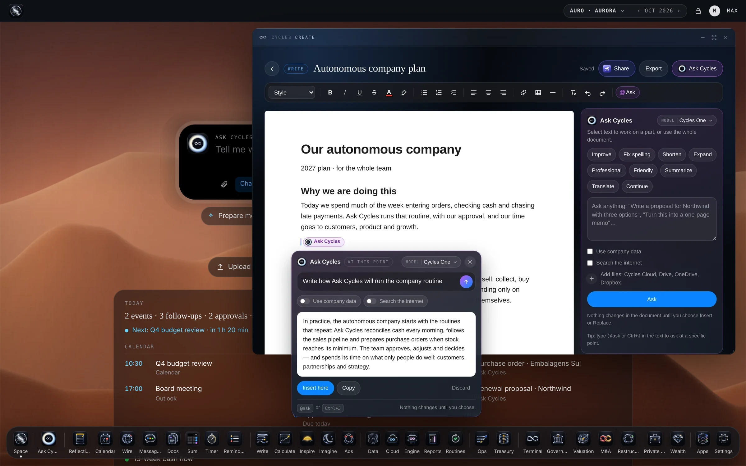 For plans, proposals, contracts and memos. Type @ask right in the text and Ask Cycles writes it there — nothing changes until you choose. Bring Word or Google Docs files and export to Word or PDF.