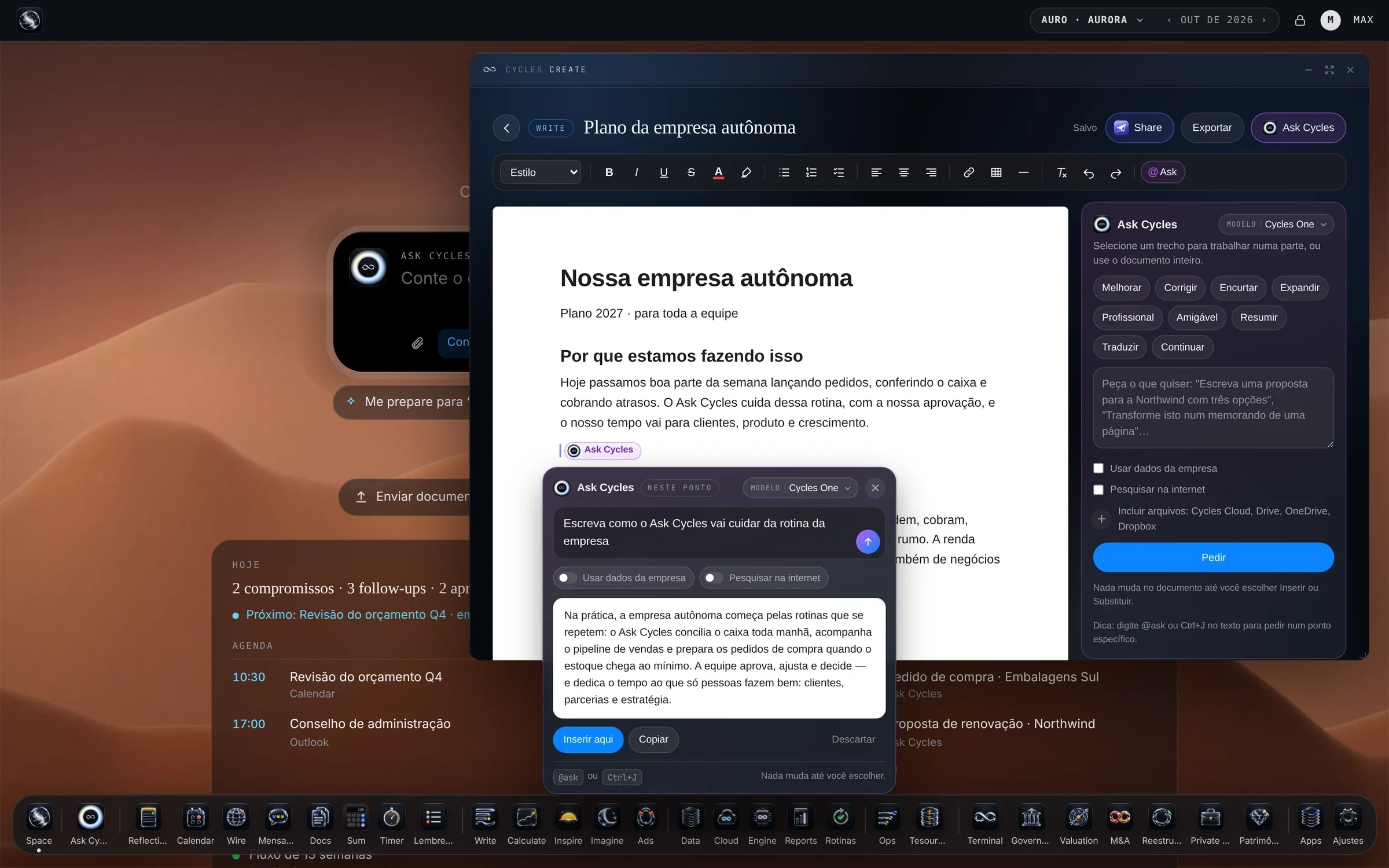 Para planos, propostas, contratos e memorandos. Digite @ask no meio do texto e o Ask Cycles escreve ali mesmo — nada muda até você escolher. Traga arquivos do Word ou do Google Docs e exporte para Word ou PDF.