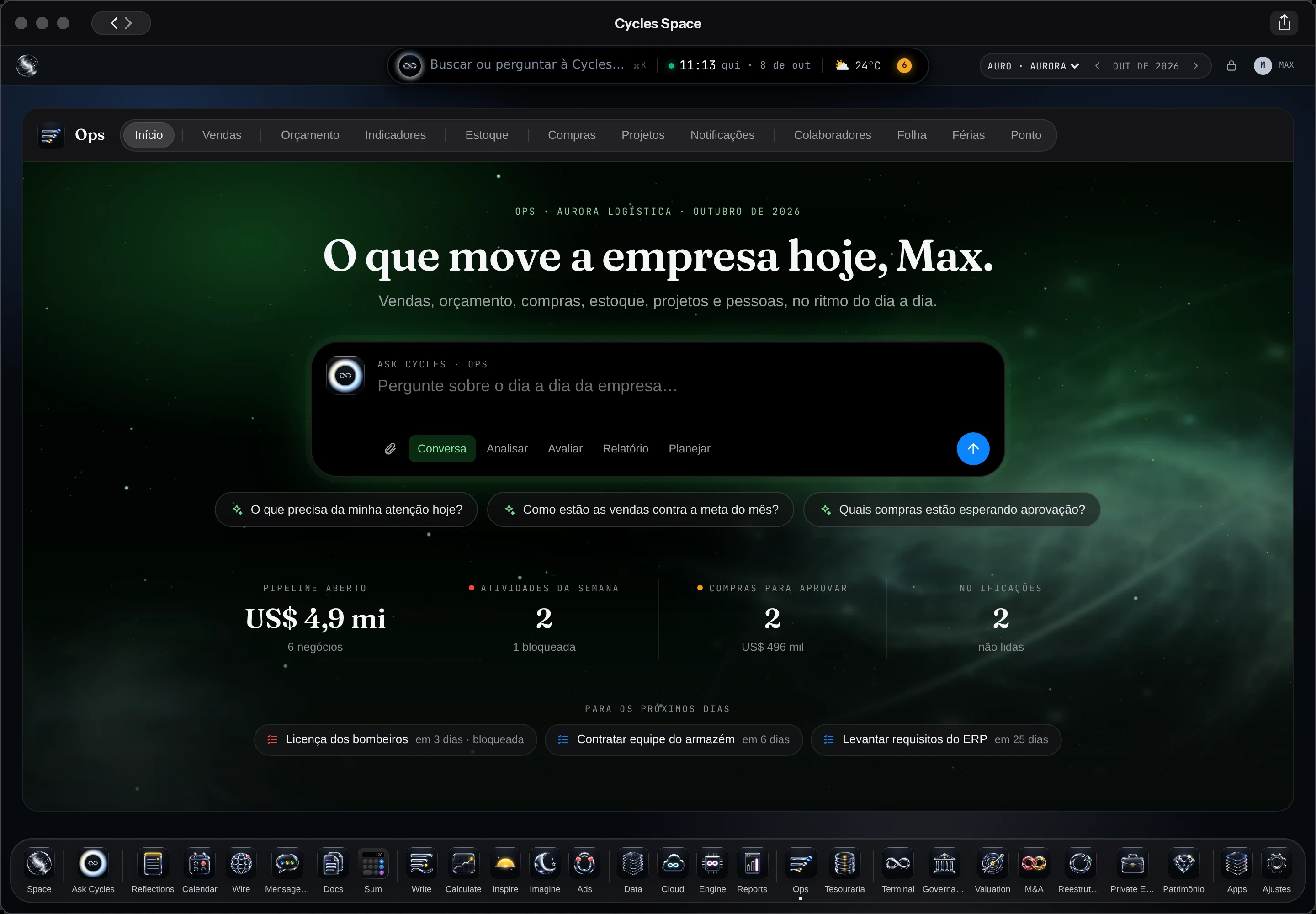 O Início do Ops com a Aurora Logística: vendas, orçamento, estoque, compras, projetos e pessoas
