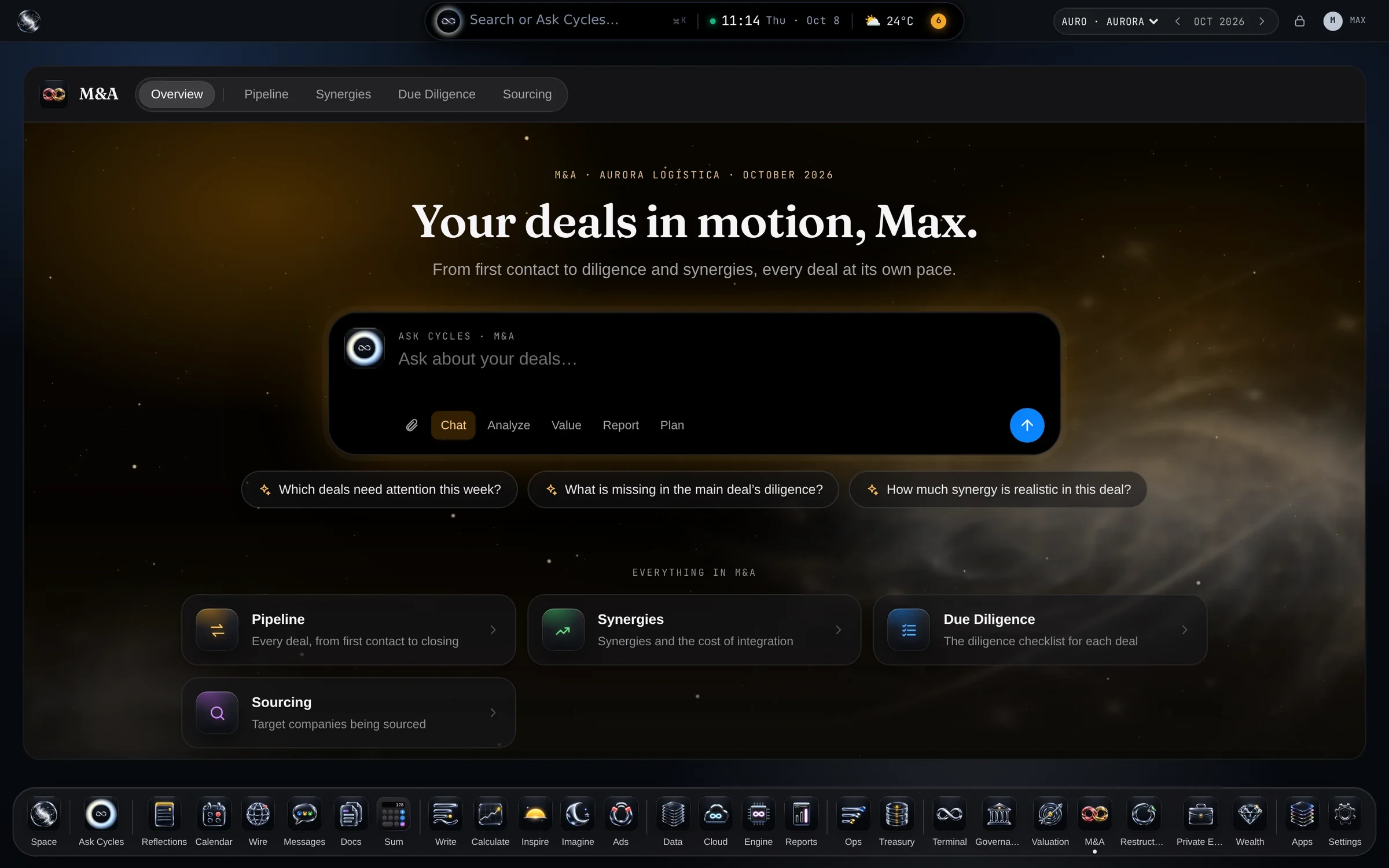 M&A — The app’s opening page, with Aurora Logistics