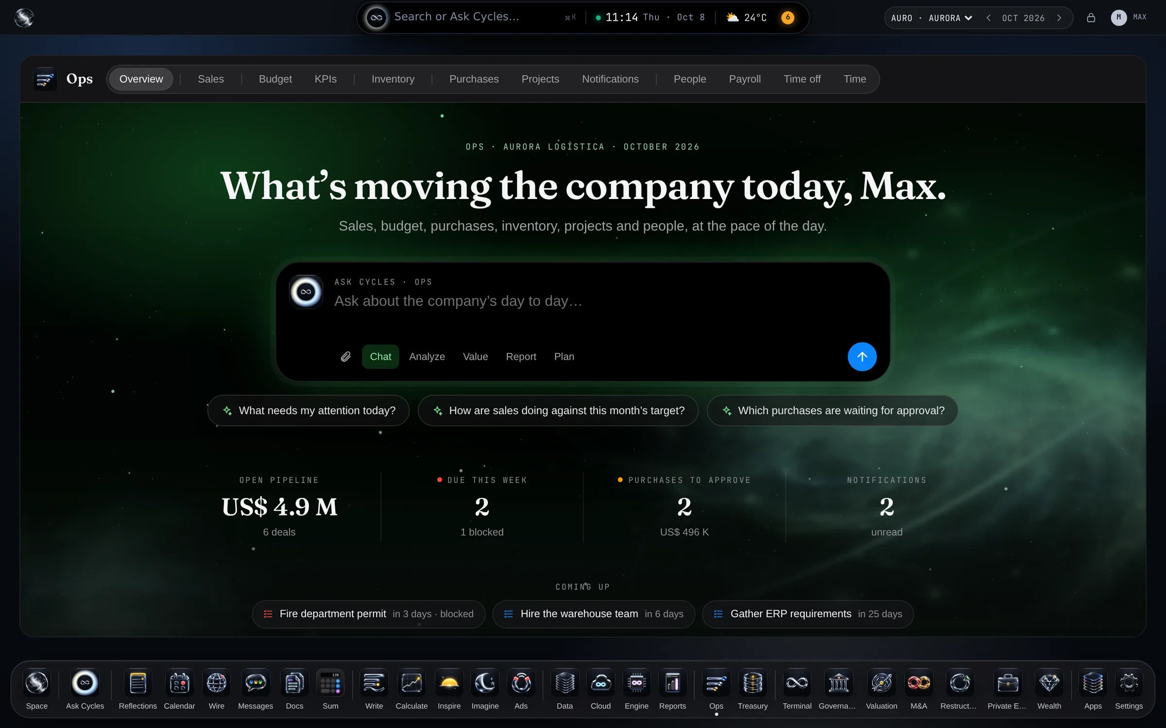 Operations — The app’s opening page, with Aurora Logistics