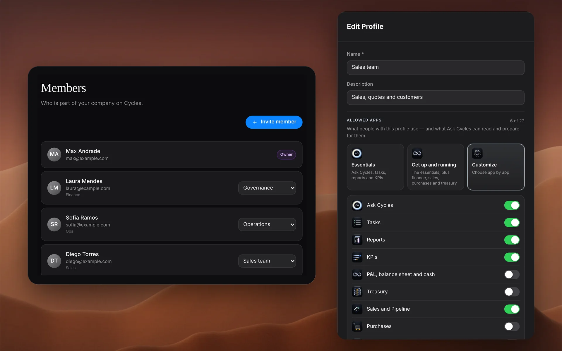 Settings: the member list with each person’s profile and the Sales team profile with its allowed apps switched on and off