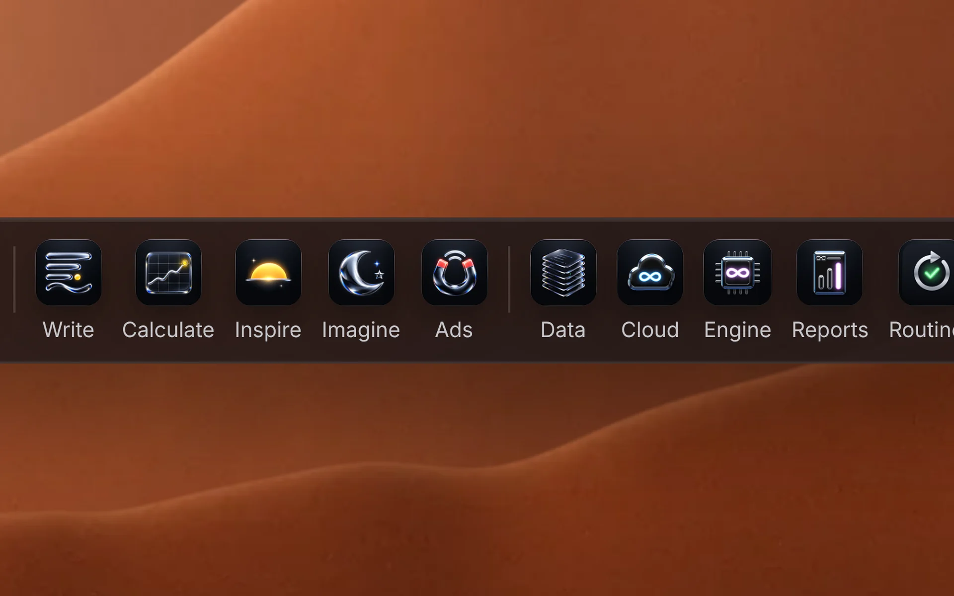 Up close: the Dock icons — Write, Calculate, Inspire, Imagine, Ads, Data, Cloud, Engine, Reports and Routines