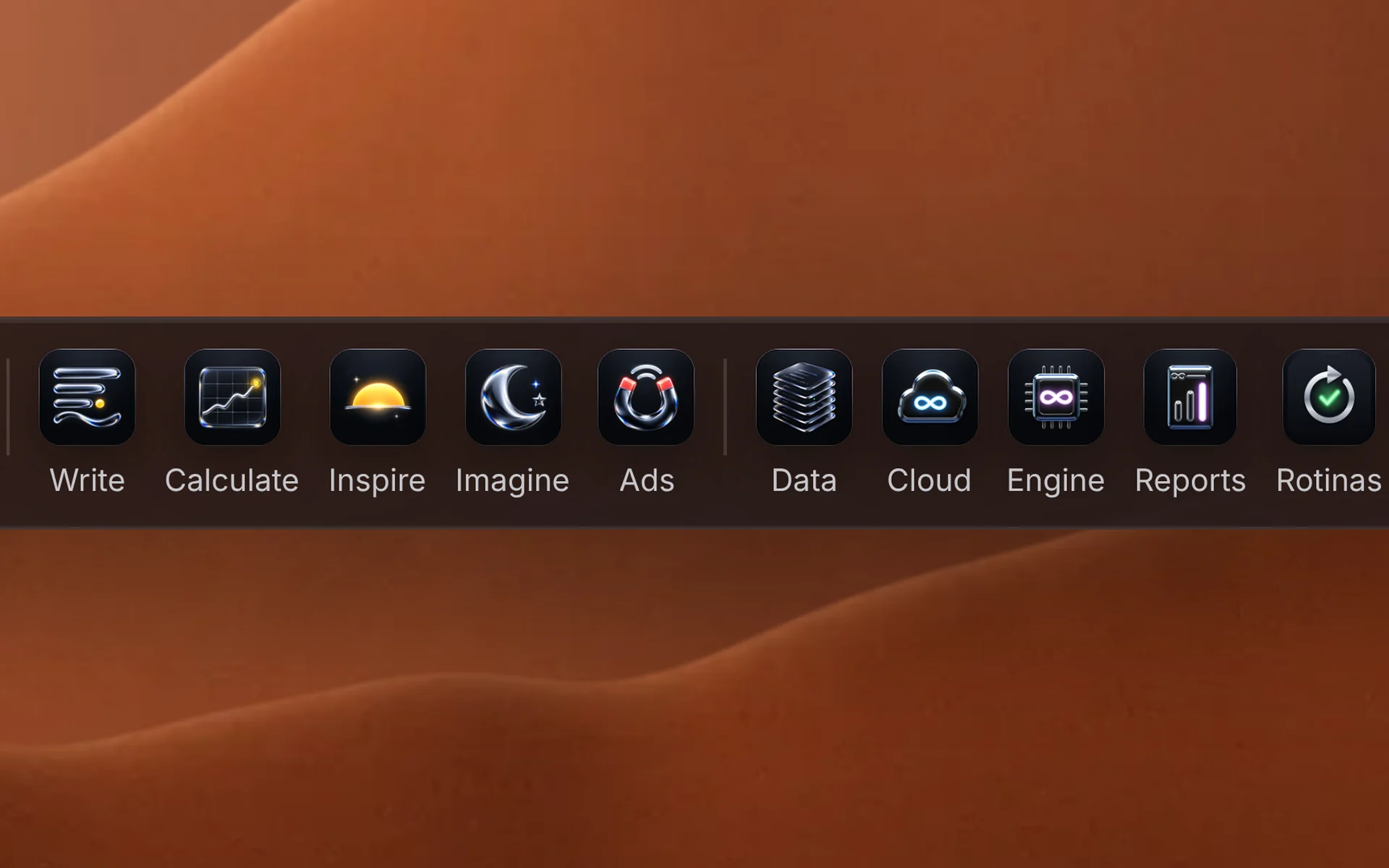 De perto: os ícones do Dock — Write, Calculate, Inspire, Imagine, Ads, Data, Cloud, Engine, Reports e Rotinas