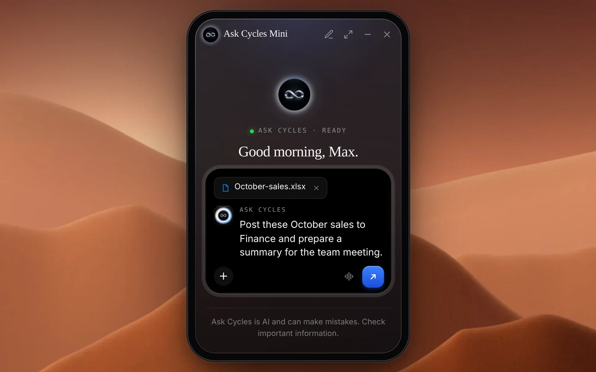 Up close: Ask Cycles Mini with October-sales.xlsx attached and the request “Post these October sales to Finance and prepare a summary for the team meeting.”