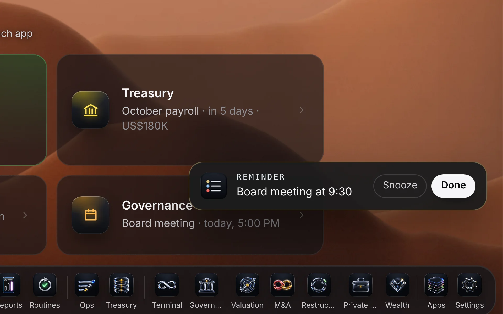 Up close: the “Board meeting at 9:30” reminder, with Snooze and Done