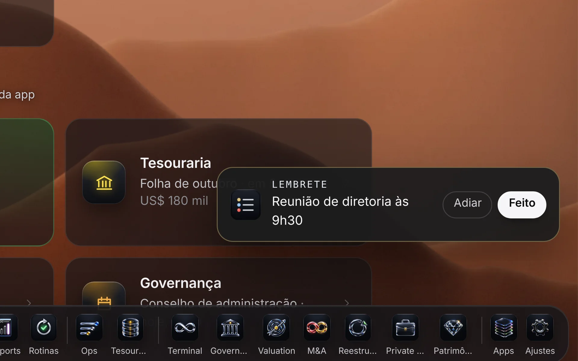 De perto: o lembrete “Reunião de diretoria às 9h30”, com os botões Adiar e Feito