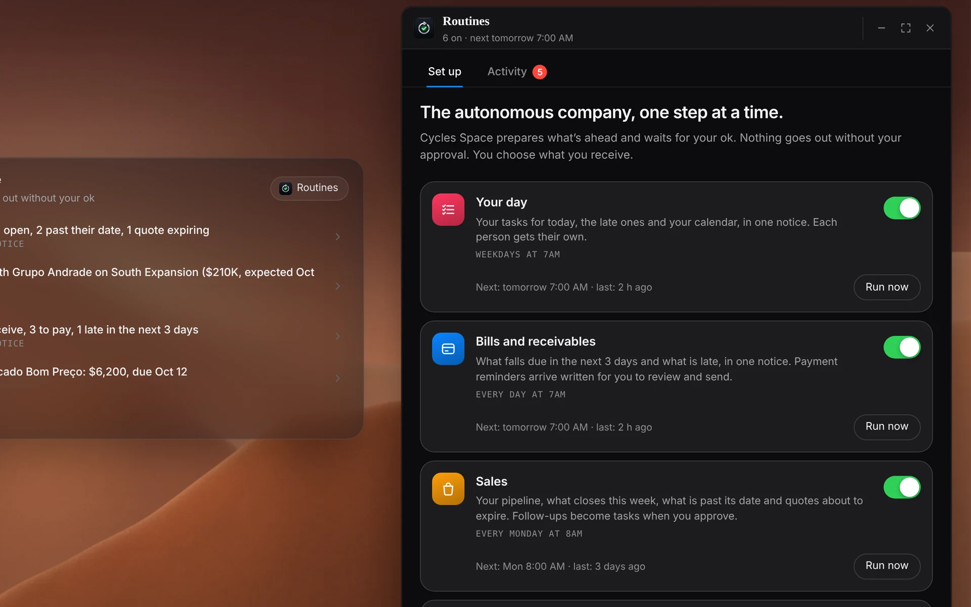 Up close: the Routines app in Set up — Your day, Bills and receivables and Sales, each with its time and next run — next to the For you to approve card