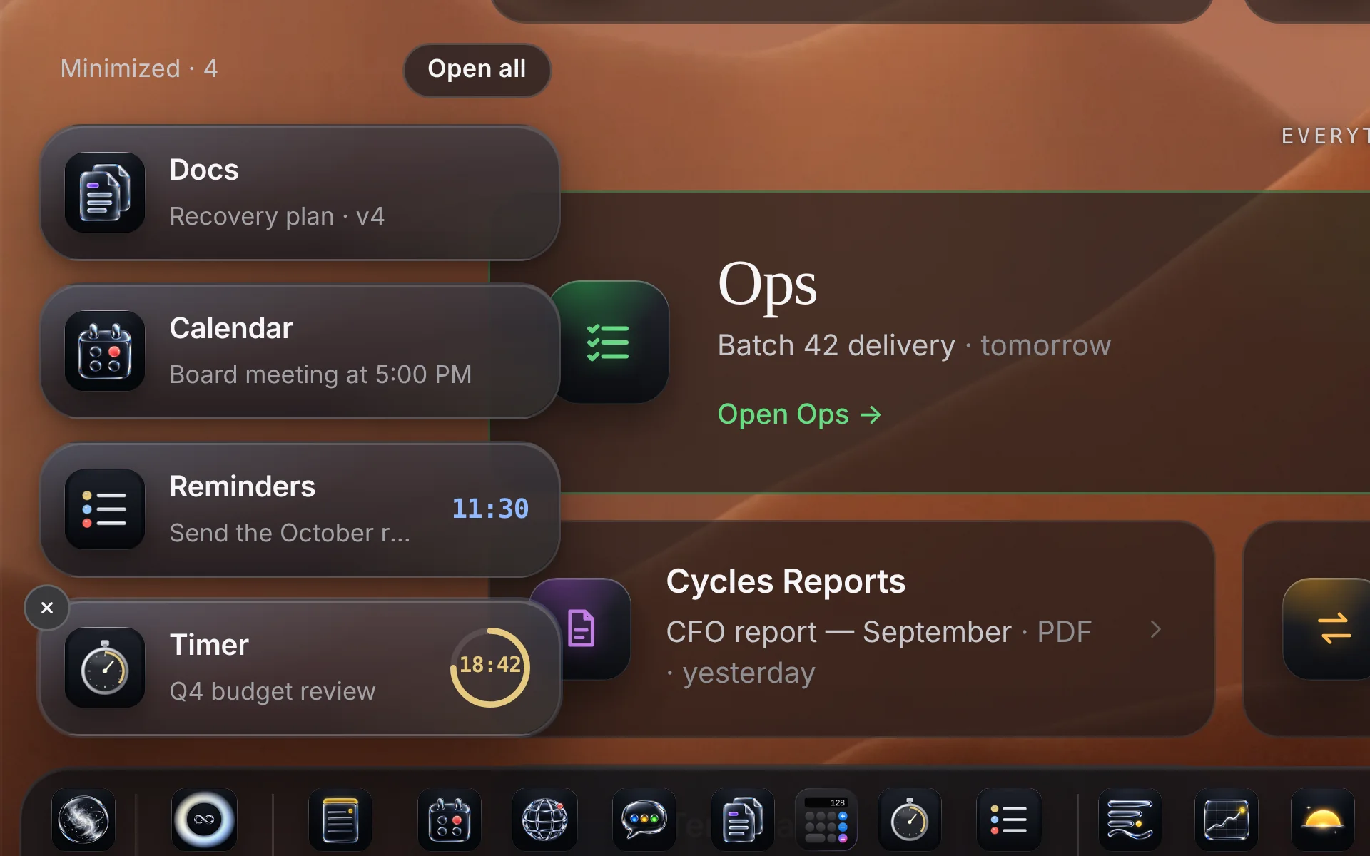 Up close: the stack of minimized apps, open — Docs, Calendar, Reminders and Timer