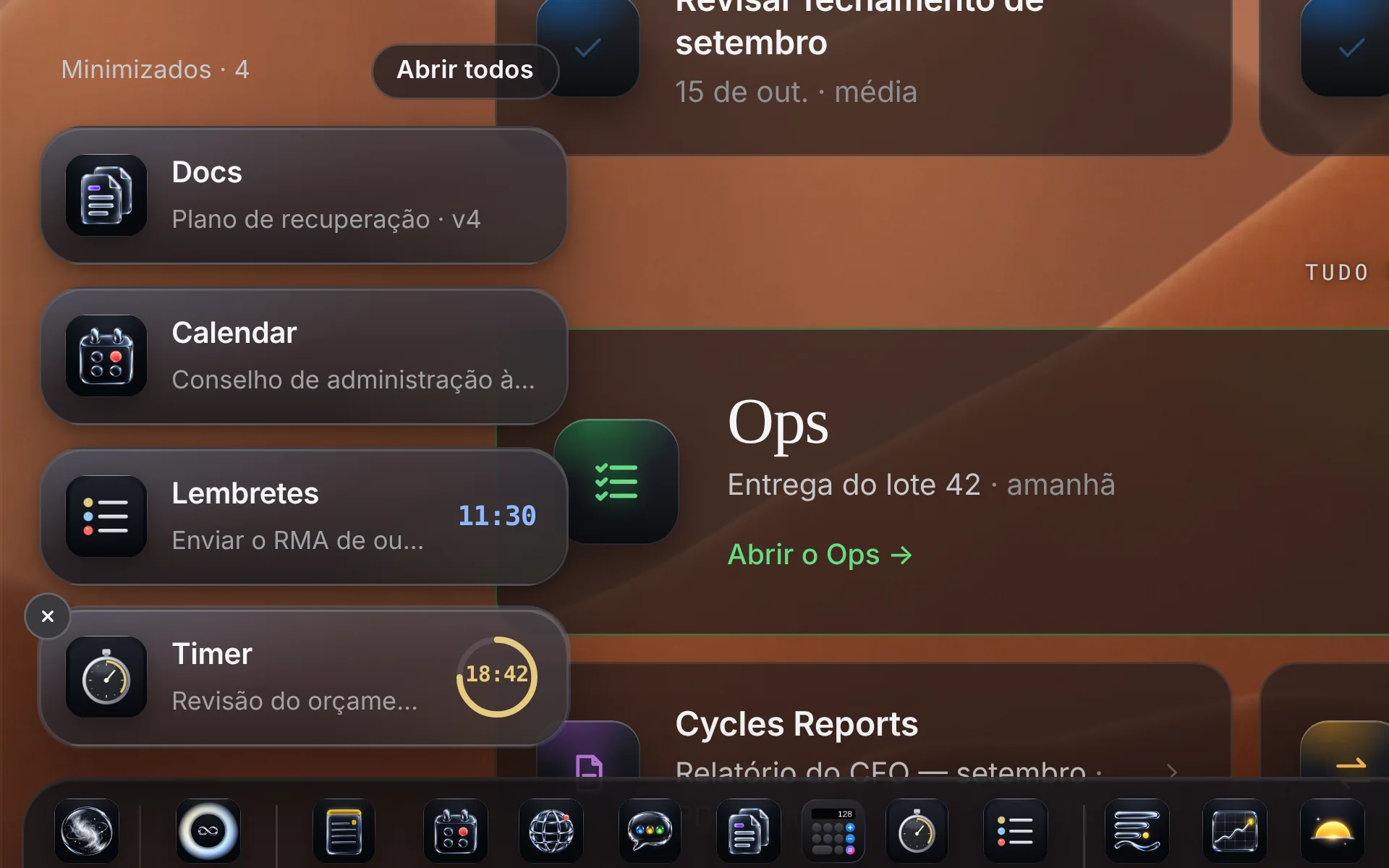 De perto: a pilha de apps minimizados aberta — Docs, Calendar, Lembretes e Timer