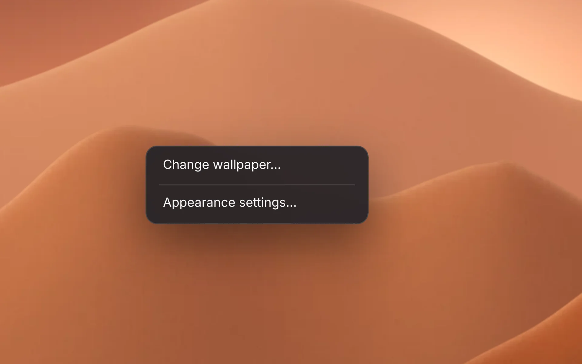 Up close: the Home menu with “Change wallpaper…” and “Appearance settings…” over the dunes of Mars