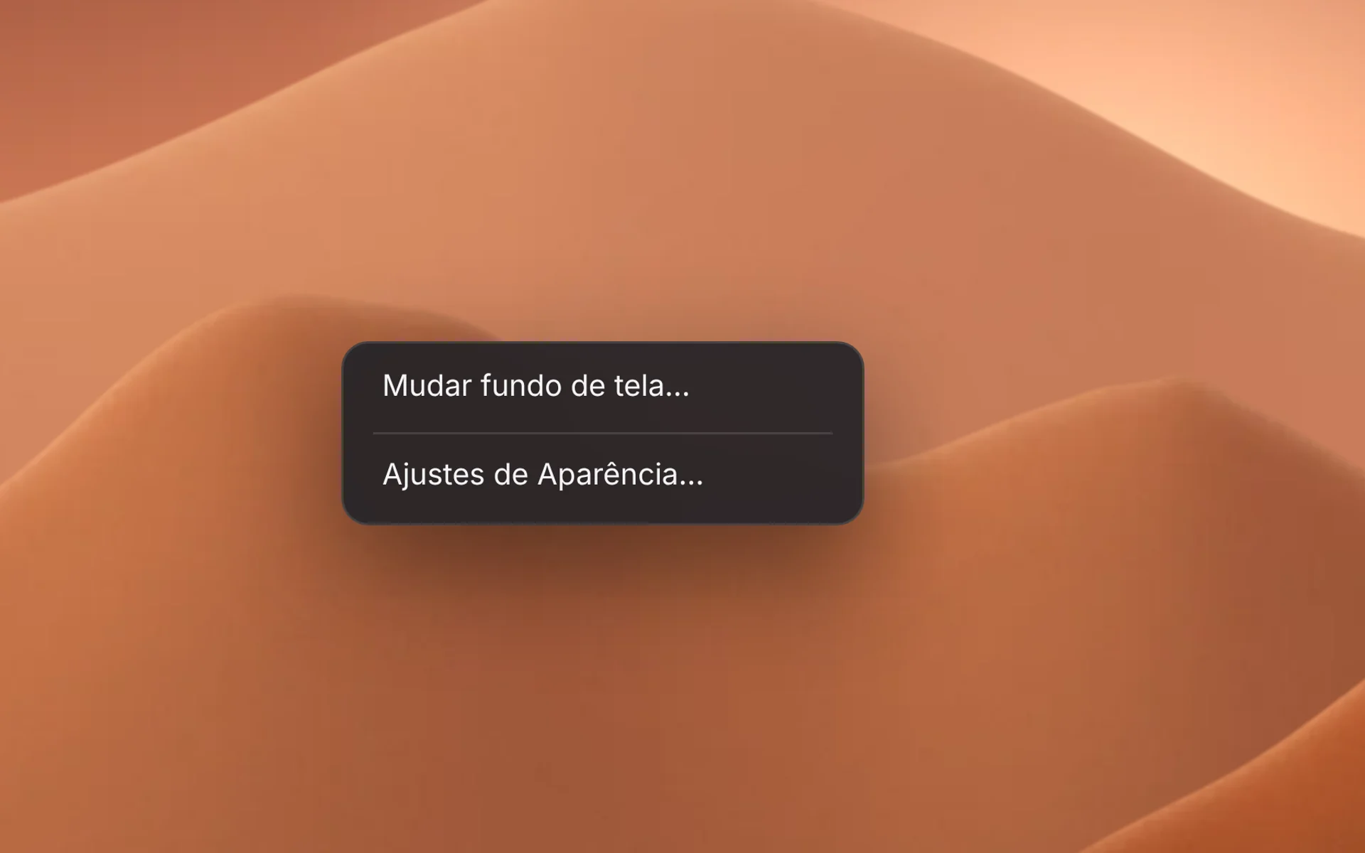 De perto: o menu da Home com “Mudar fundo de tela…” e “Ajustes de Aparência…” sobre as dunas de Marte