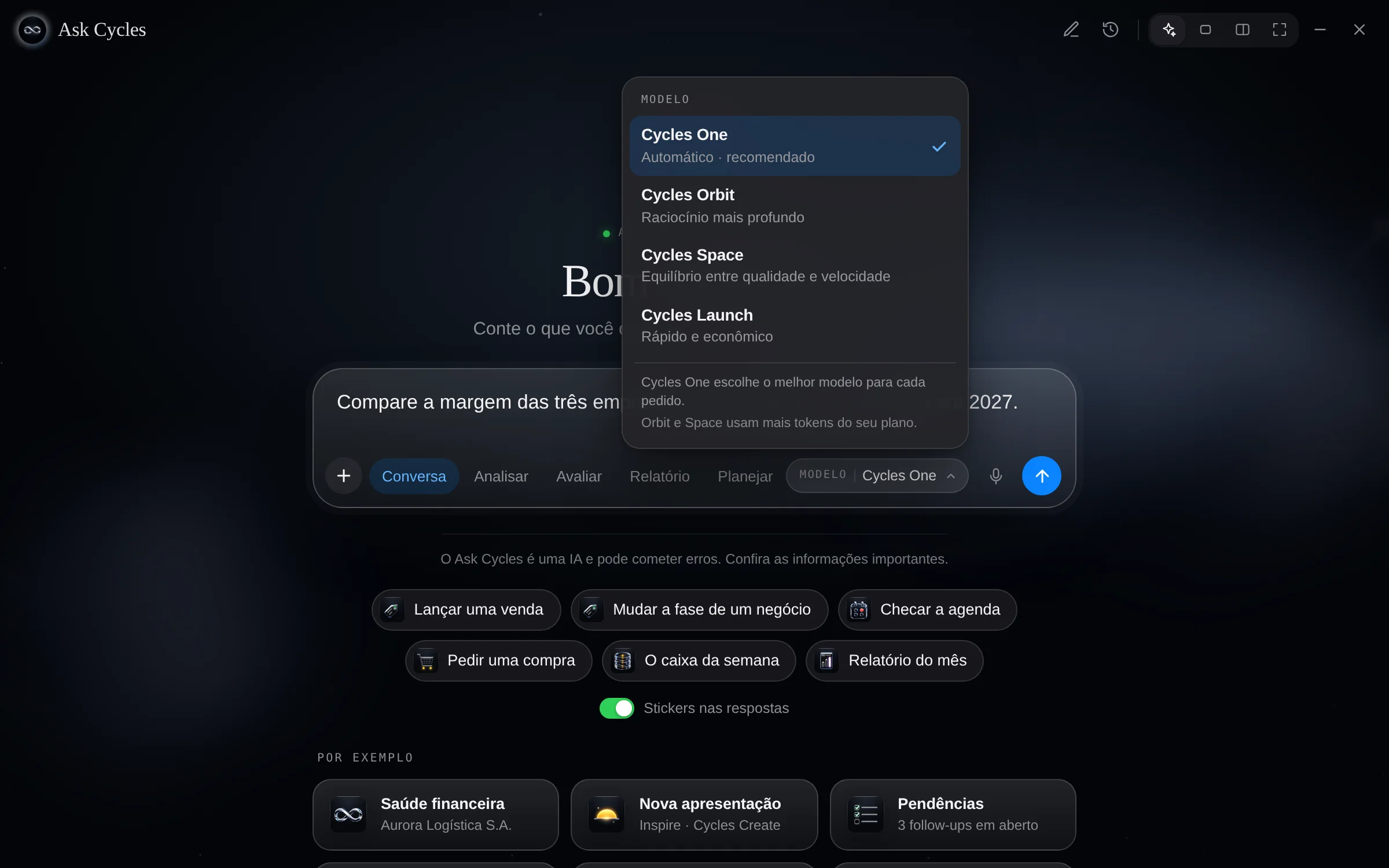 Ask Cycles com o menu de modelos aberto — Cycles One, Cycles Orbit, Cycles Space e Cycles Launch — em vidro, com o Cycles One escolhido