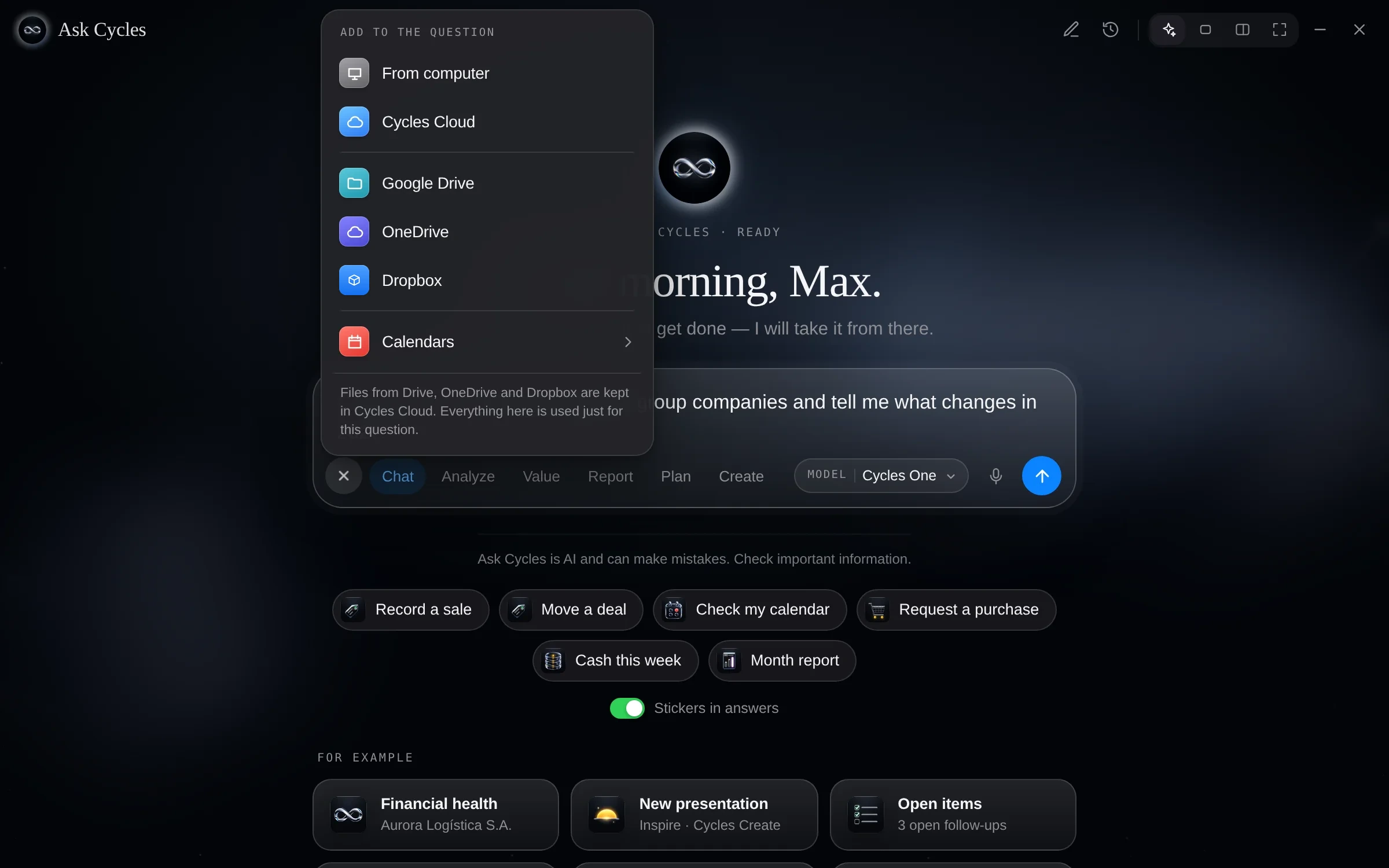 Ask Cycles with the “Add to the question” menu open — From computer, Cycles Cloud, Google Drive, OneDrive, Dropbox and Calendars