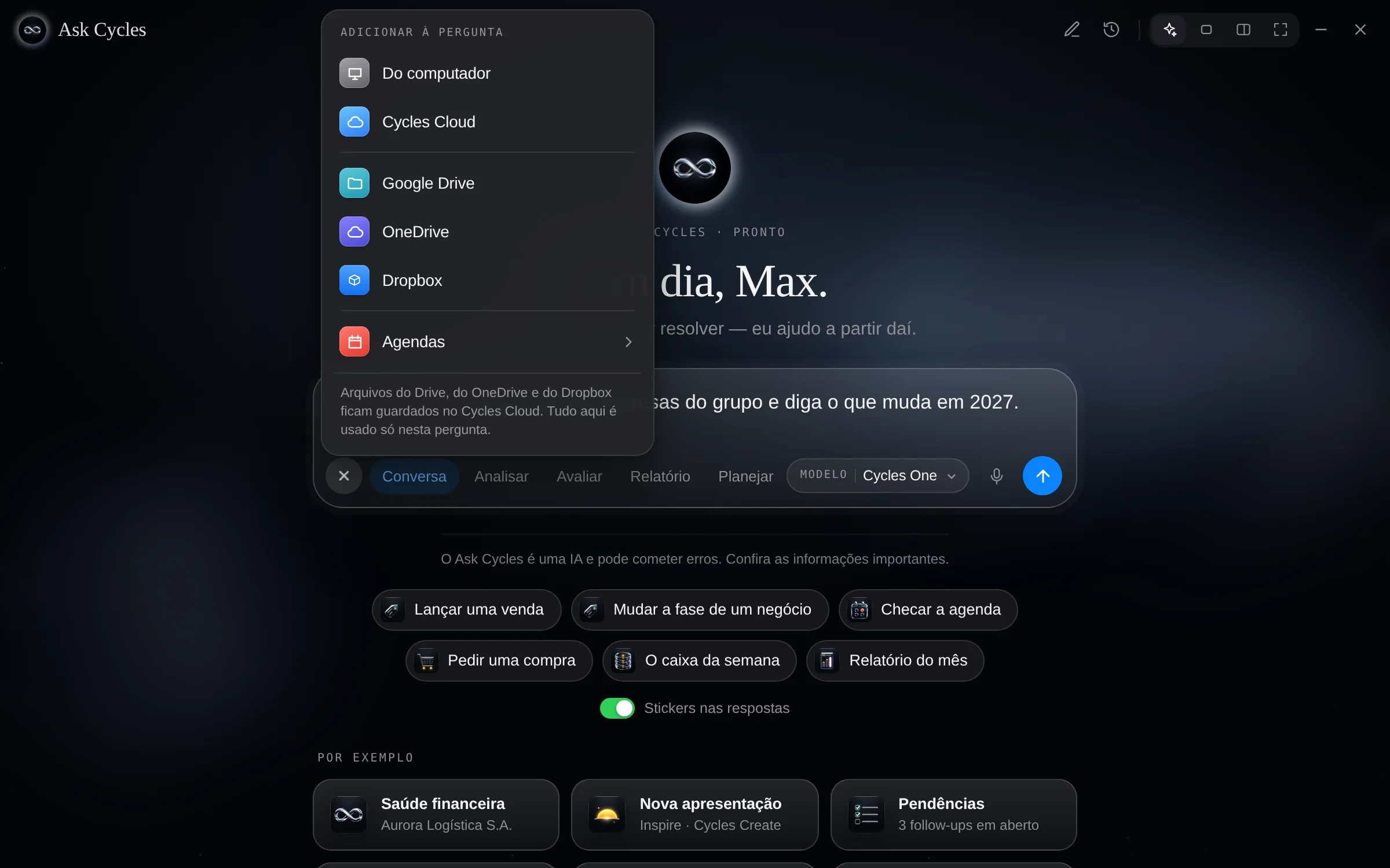 Ask Cycles com o menu “Adicionar à pergunta” aberto — Do computador, Cycles Cloud, Google Drive, OneDrive, Dropbox e Agendas