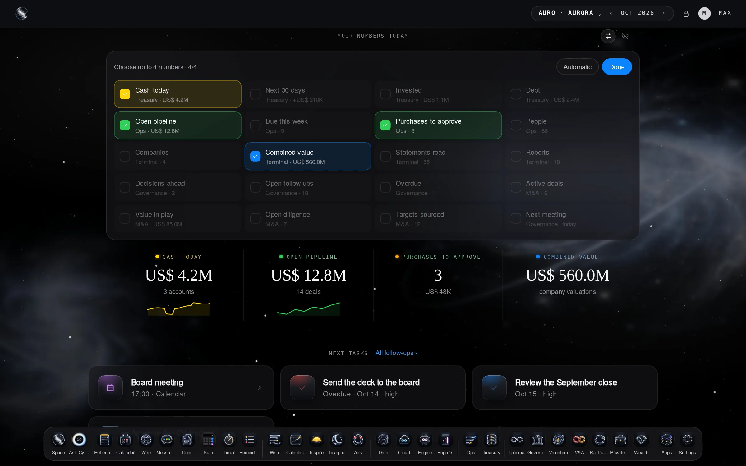 Choose up to 4 numbers: cash, pipeline, purchases to approve and combined value, each in its app’s color