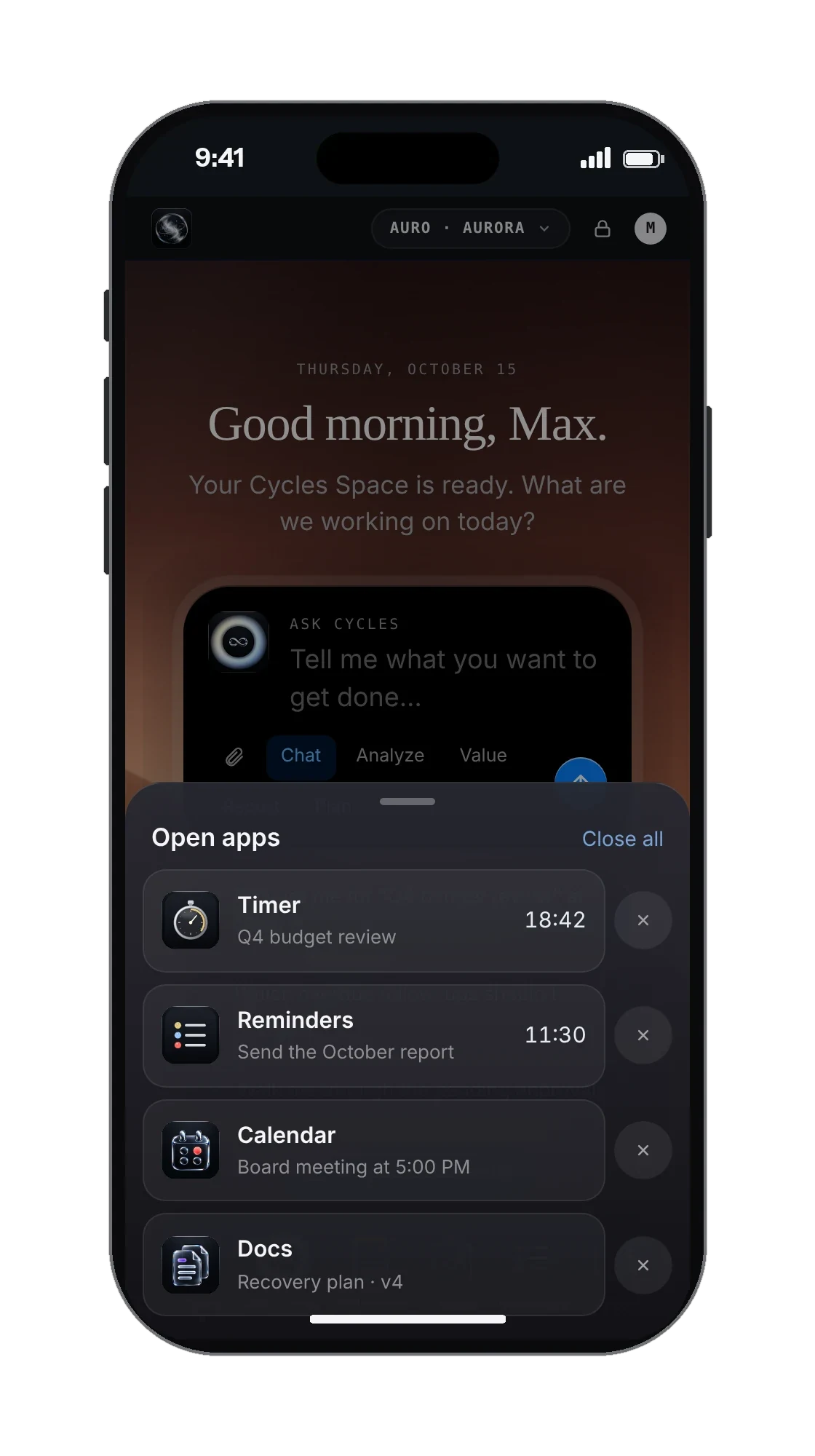 Cycles Space on a phone: your open apps, one tap away
