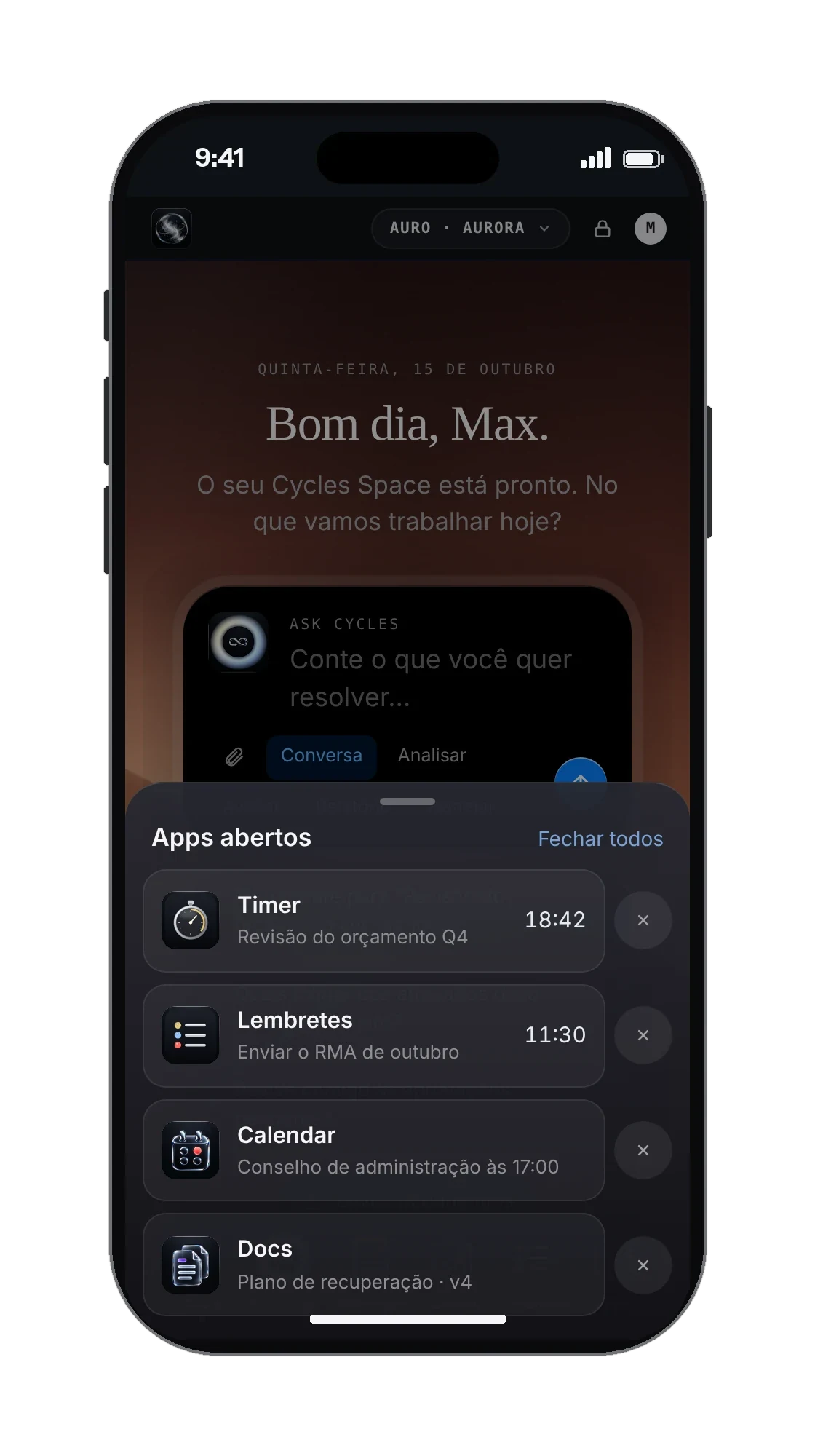 O Cycles Space no celular: os apps abertos, a um toque