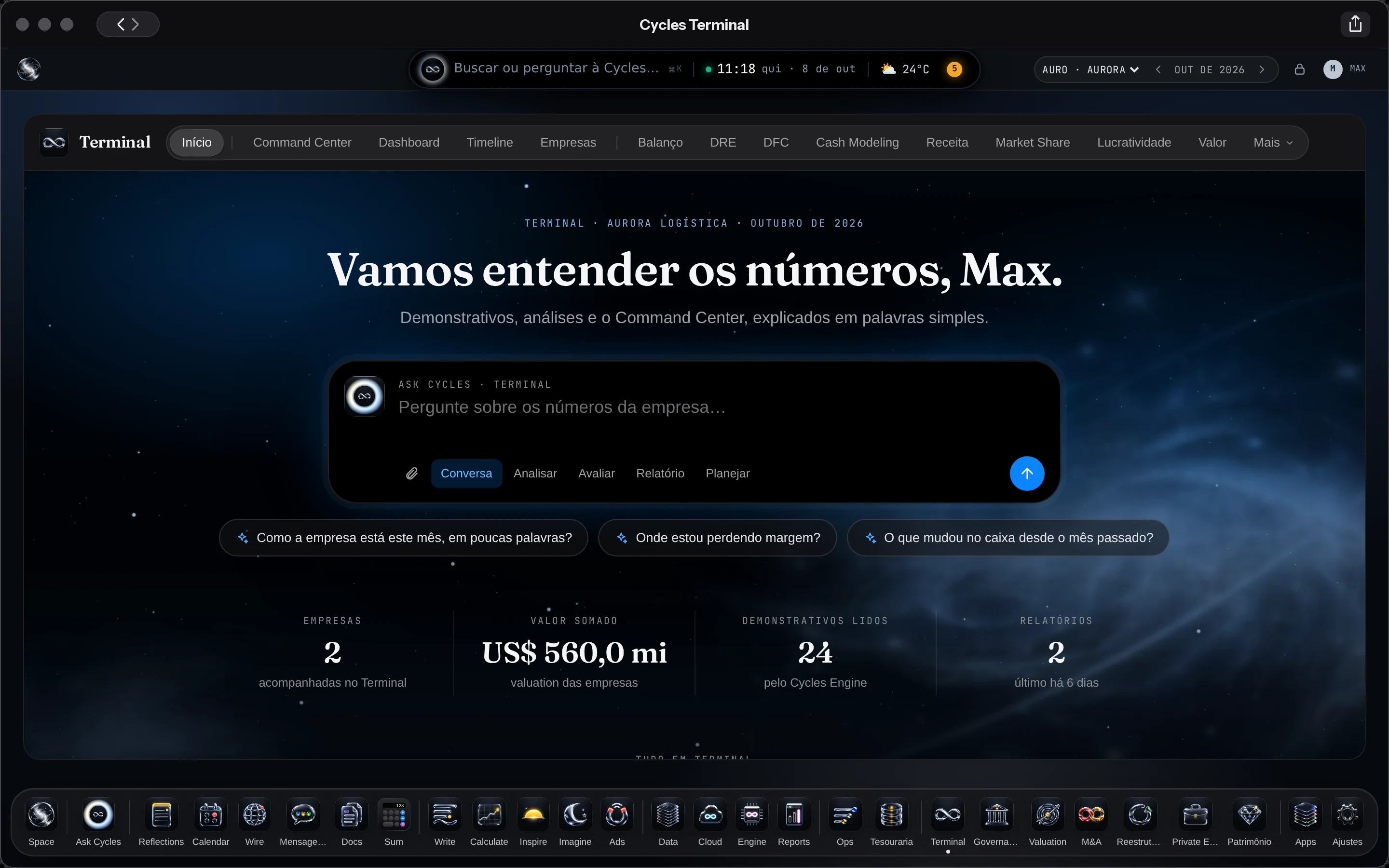 O Cycles Terminal aberto no Início, com a Aurora Logística: Ask Cycles, sugestões e os números da carteira